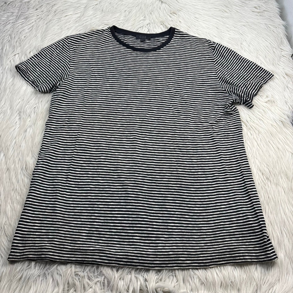 COS Men's L Black White Striped Cotton Linen Blend SS Tee Minimalist